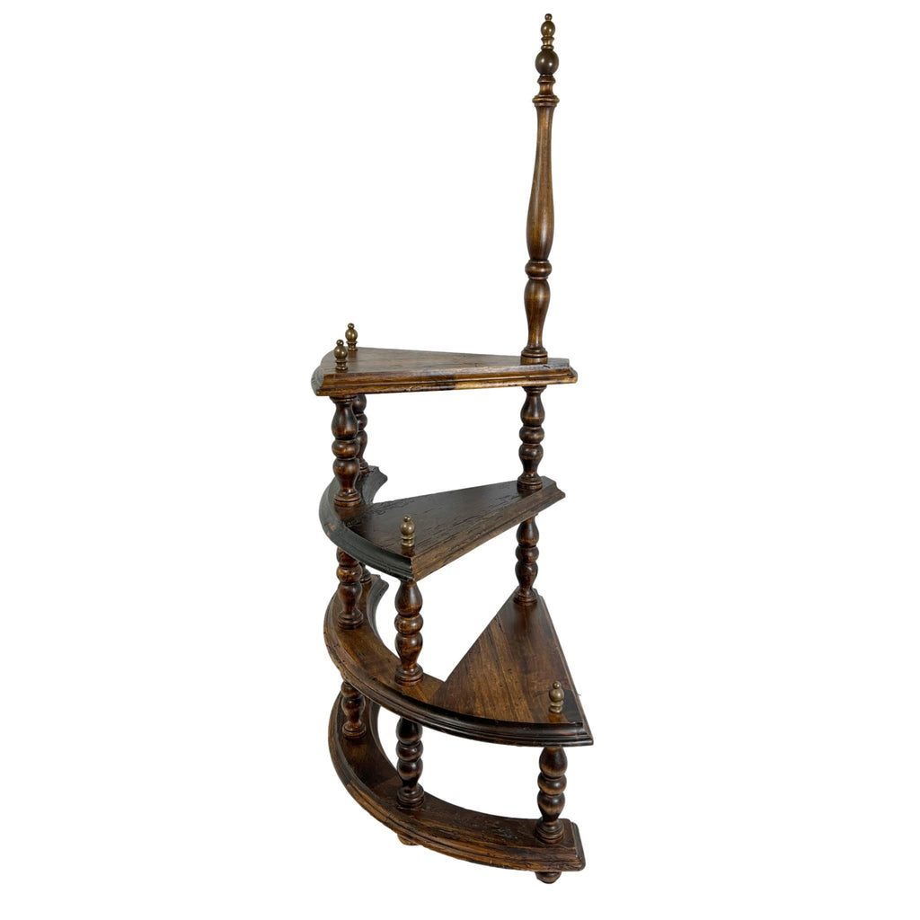 Antique Walnut Spiral Library Step Ladder with Brass Finials