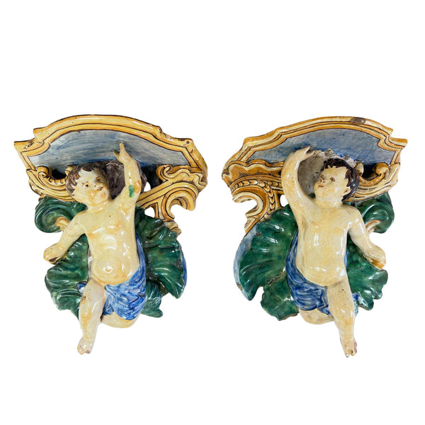 Pair of Antique Italian Majolica Putti Brackets